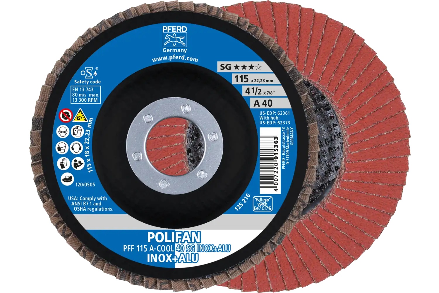 Picture of Pferd Flap Disc, 4-1/2" x 7/8, A-Cool SG Inox+ALU, 40 Grit, T27, Flat, Aluminum oxide